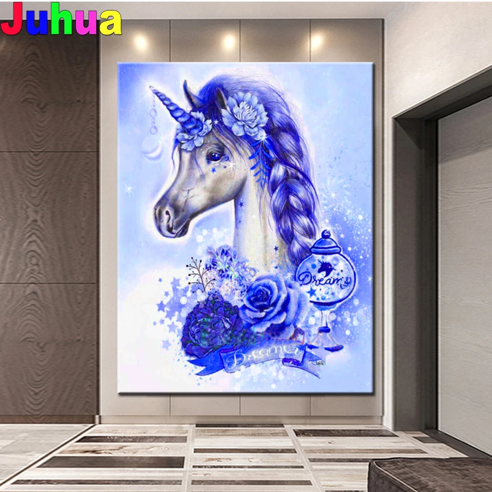 

Diamond Embroidery Blue unicorn flowers,Life,5D,Diamond Painting Full Square Round Cartoon Animal Horse Wall Art