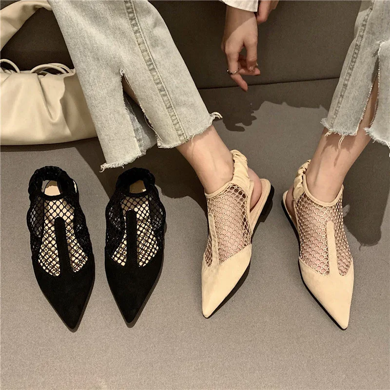

2021 Women Sandals New Spring Flat Heel Slingback Sandals Slippers Mules Shoes Woman Mesh Pointed Toe Flats Female Slip On Shoes