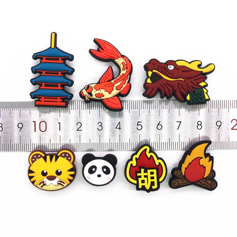 High imitation 1pcs Dragon PVC Shoe Charms Accessories Carp Bonfire Panda Tower Tiger JIBZ fit Croc Charms Bracelet Kids Gifts