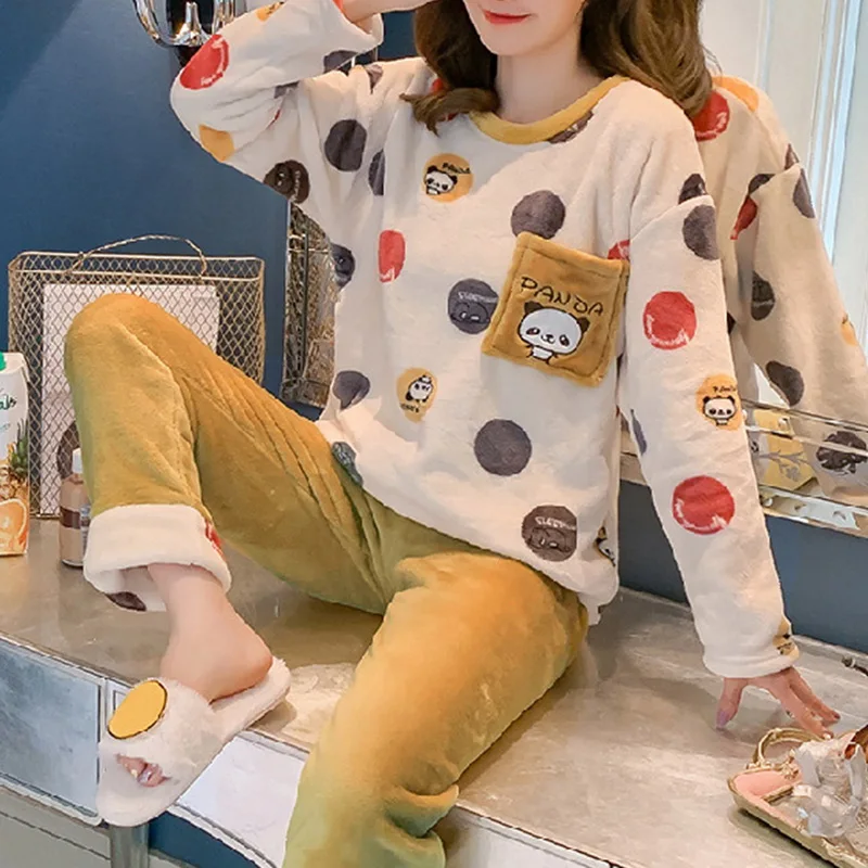 2022 Winter Pajama Women Korean Sleepwear Cute Cartoon Flannel Pajamas Set Velvet Warm Pijama Round Neck Pyjama Homewear Women