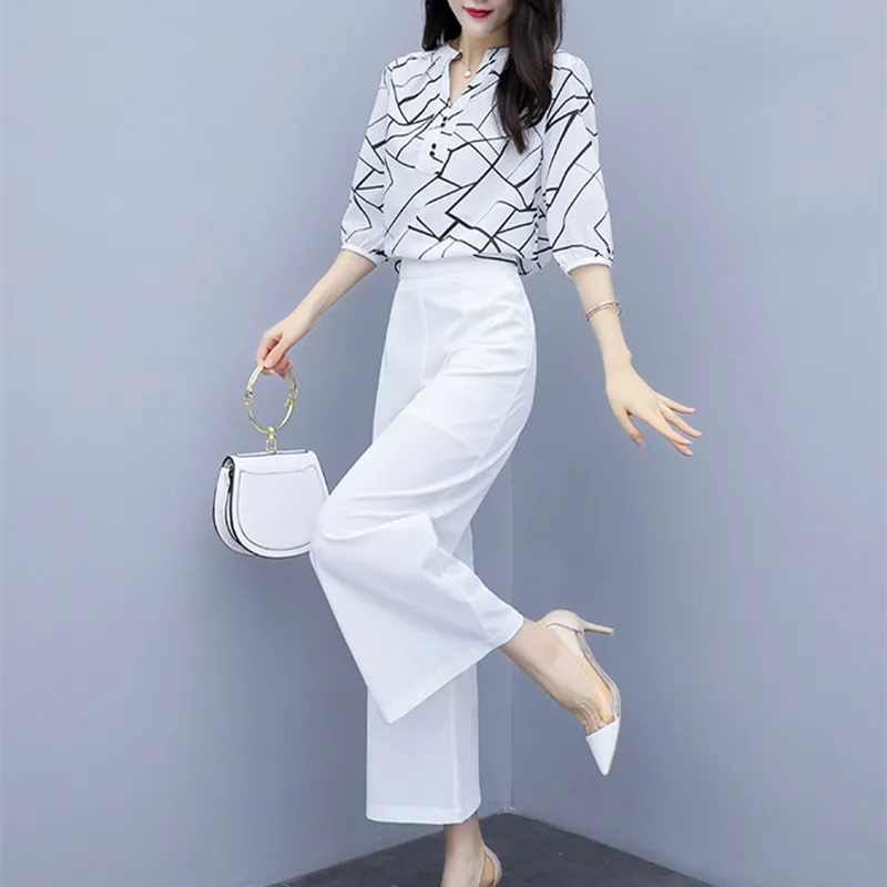 

Zoulv Elegant Office Ladies Outfits Pantsuit Clothes Summer Chiffon Women Suits 2 Two Piece Sets Blouse Top Wide Leg Pants Suit
