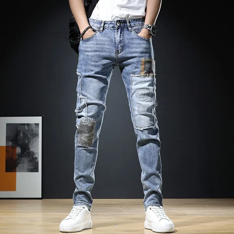 Summer Men Jeans pantalones hombre Regular Fit Pants Streetwear Casual Blue Patches Patchwork Jean Mens Clothing Denim Trousers