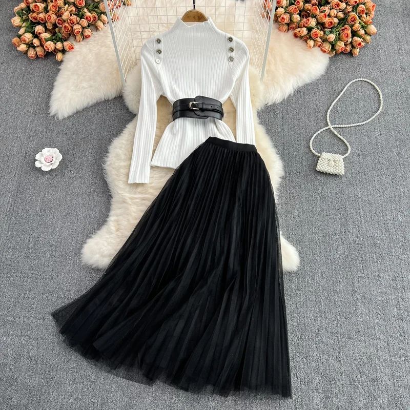 

Casual Skirt Suit Women's Medium Long Mesh Pleated Skirt Fashion A-line Skirt Two Piece Sets With White Stand Collar Sweater Top