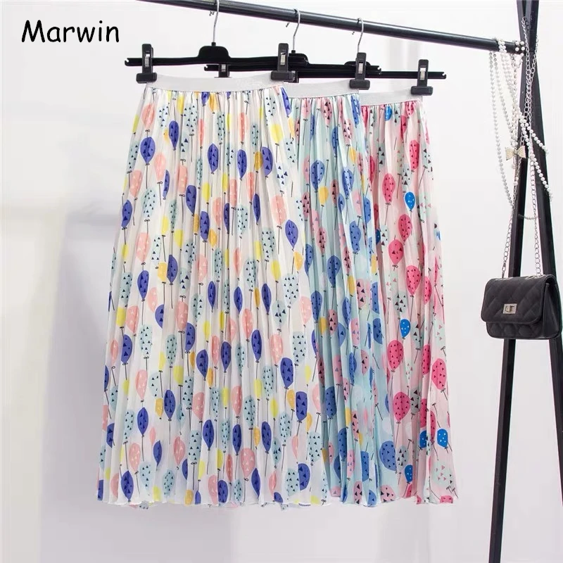 

Marwin 2019 New-Coming Summer Fresh Balloon Printing Pleated Women Skirt A-Line High Street European Style Mid-calf Women Skirts