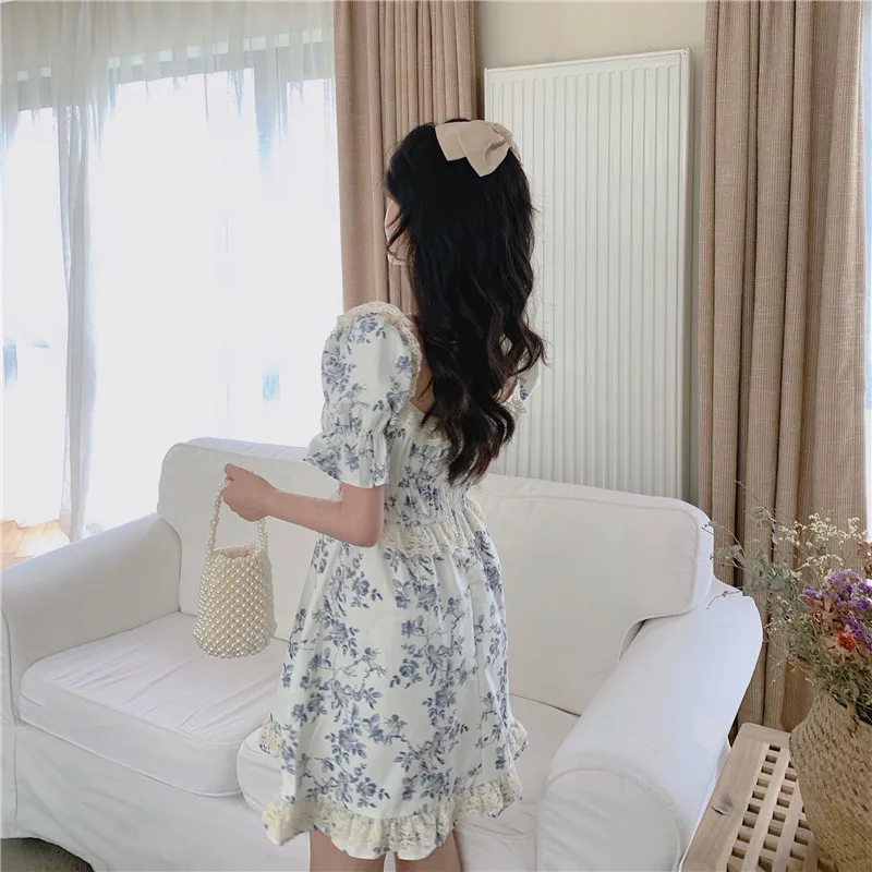 

Japanese Korean Style Summer Dress Women Sexy Square Collar Kawaii Mini Dress Soft Girl Cute Sweet Puff Sleeve Lace Ruffle Dress