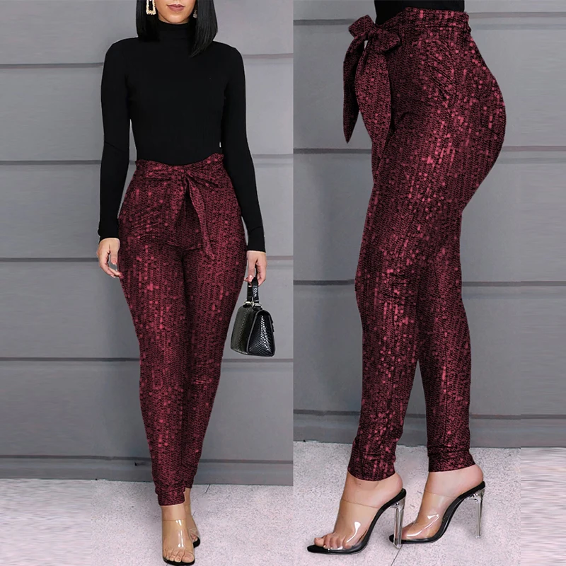 

Autumn Glitter Sequins Skinny Pants Women Spring High Waist Sashes Long Pants Female Casual Trousers with Pockets