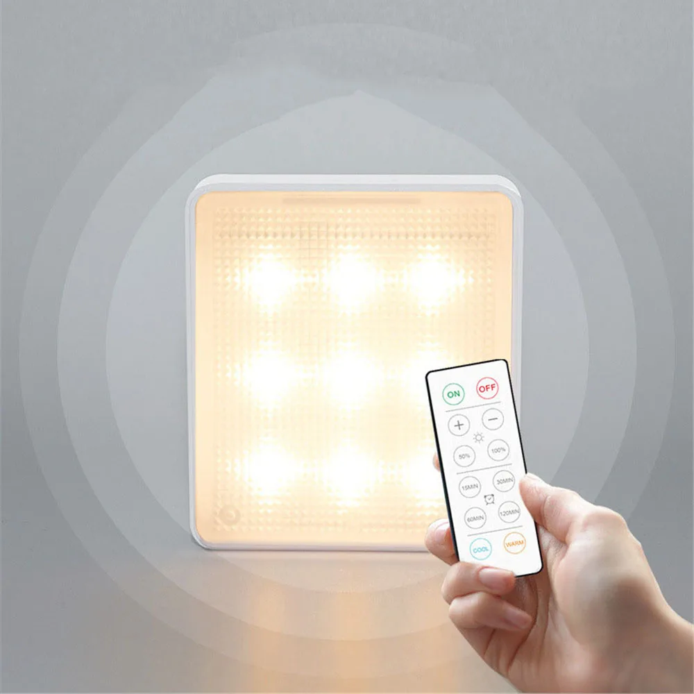

Квадратный Ночной светильник с пультом дистанционного управления, 3 цвета, 9 светодиодов, питание от батареи для шкафа, платяного шкафа, лест...