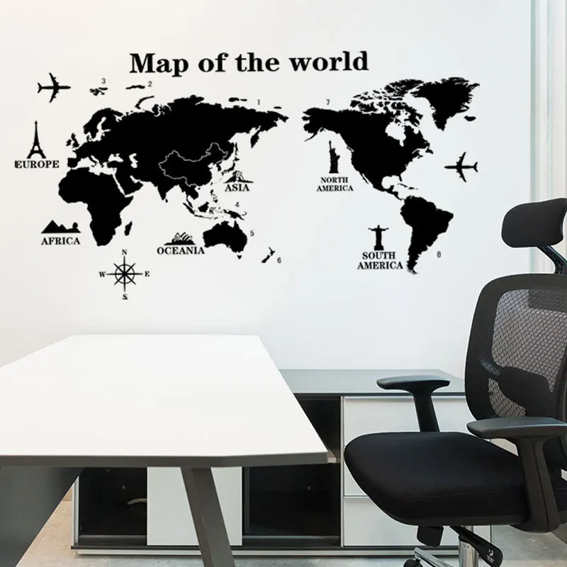 Map of The World Wall Stickers DIY Vinyl Decals for Kids Room Maps Wallpapers Home Decor Black Decoration | Дом и сад