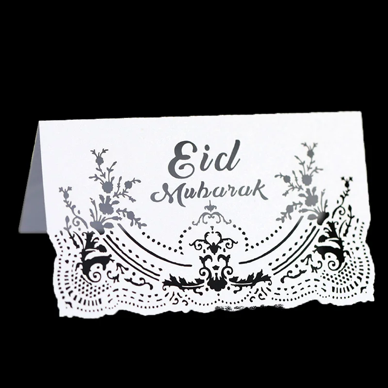 

50PCS Eid Mubarak Laser Cut Table Name Place Cards Vintage Flower Postcards Ramadan Kareem Muslim Party Invitation Card Decor