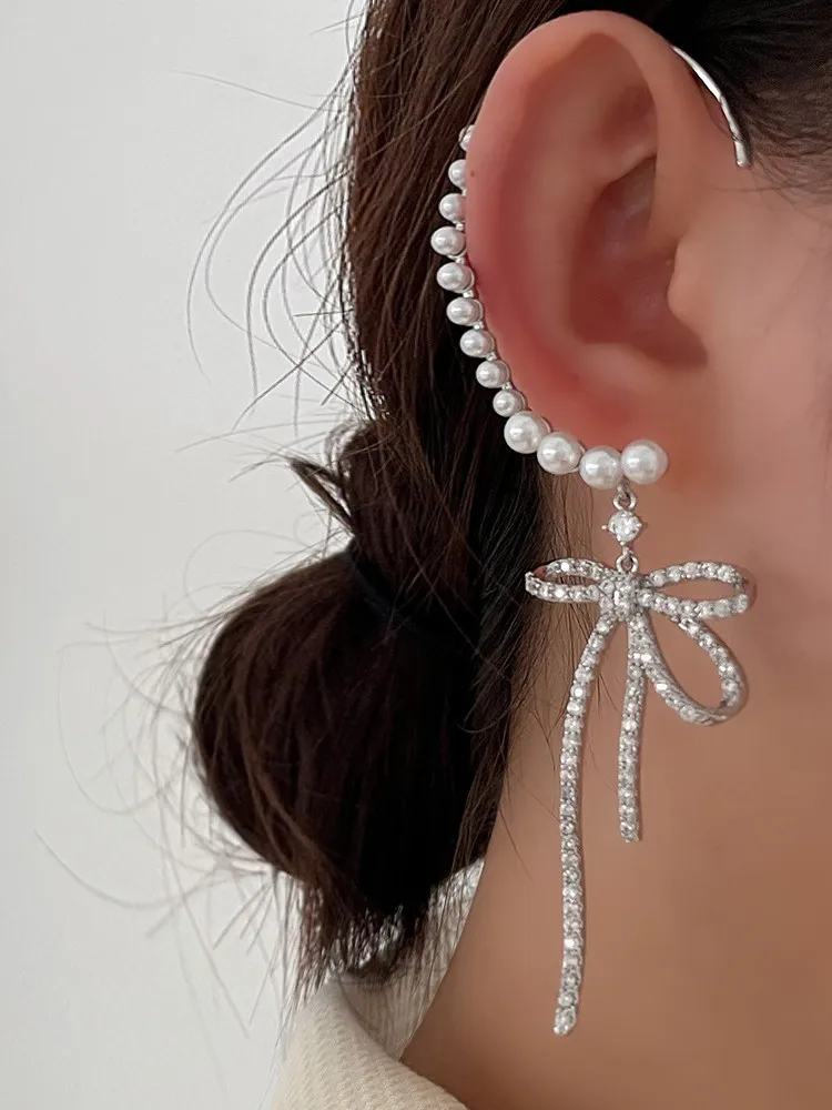 

YANGLIUJIA Crystal Bowknot Pearl Ear Hang Hip-hop Punk Fashion Tassel Earrings Women Jewelry Party Accessories Christmas Gift