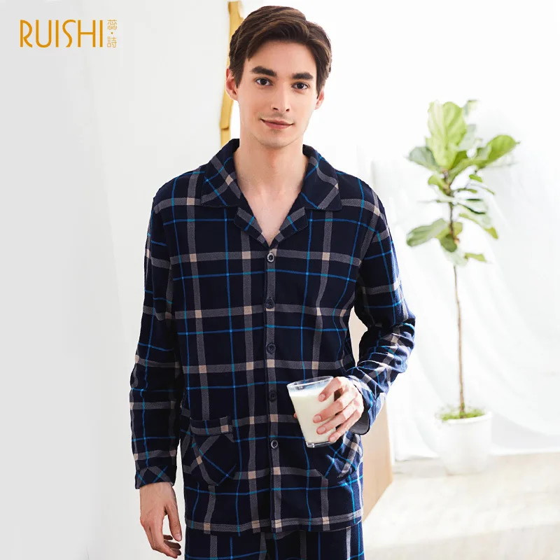Autumn Winter Cotton Couples Pajamas Sets Women and Men Plaid Casual Home Clothes Beadroom Sleepwear Two Piece Plus Size
