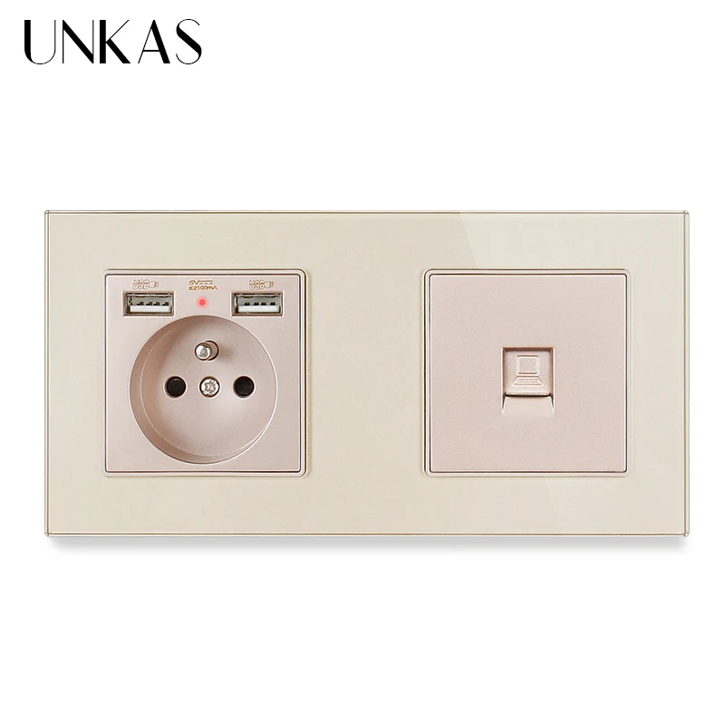 Настенная розетка UNKAS серая стеклянная панель французская стандартная с 2