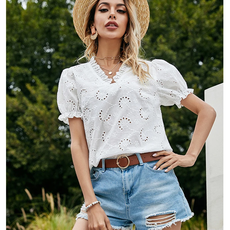 Женская блузка без рукавов с v-образным вырезом и рюшами | одежда