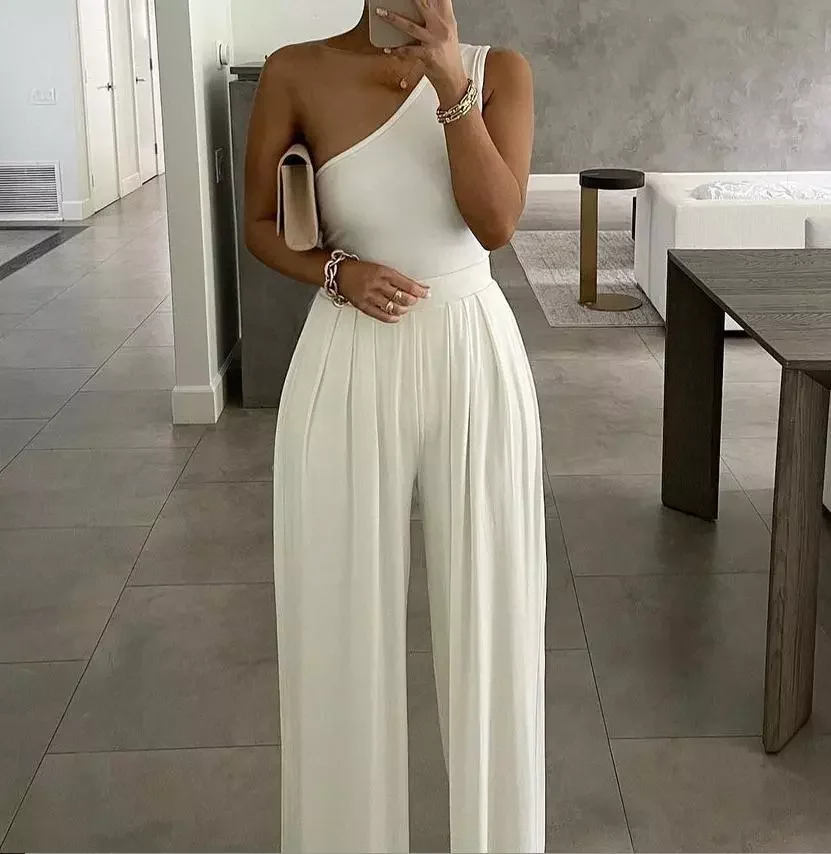 

European and American new style women one-shoulder printed wide-leg one-piece trousers women casual floral sexy jumpsuit women