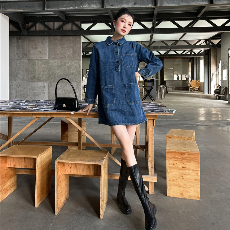 

XIZIHUPAN Vintage Blue Denim Dress For Women Lapel Long Sleeve Pockets Loose Casual Mini Dresses Female 2021 Summer Fashion Tide