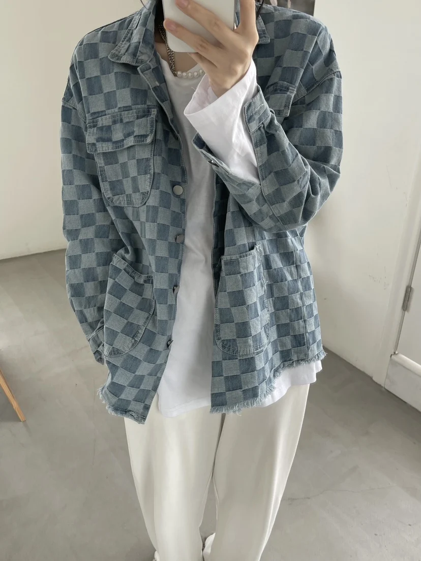 Повседневный Свободный кардиган в клетку стиле Харадзюку Оригинальный жакет с