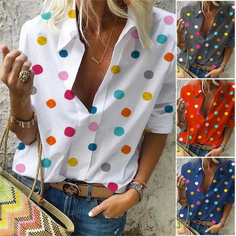 

Women Blouse Tops Lady Work Office Dot Print Autumn Blouses Ladies Shirt Casual Long Sleeve Shirt OL Blouses femmes