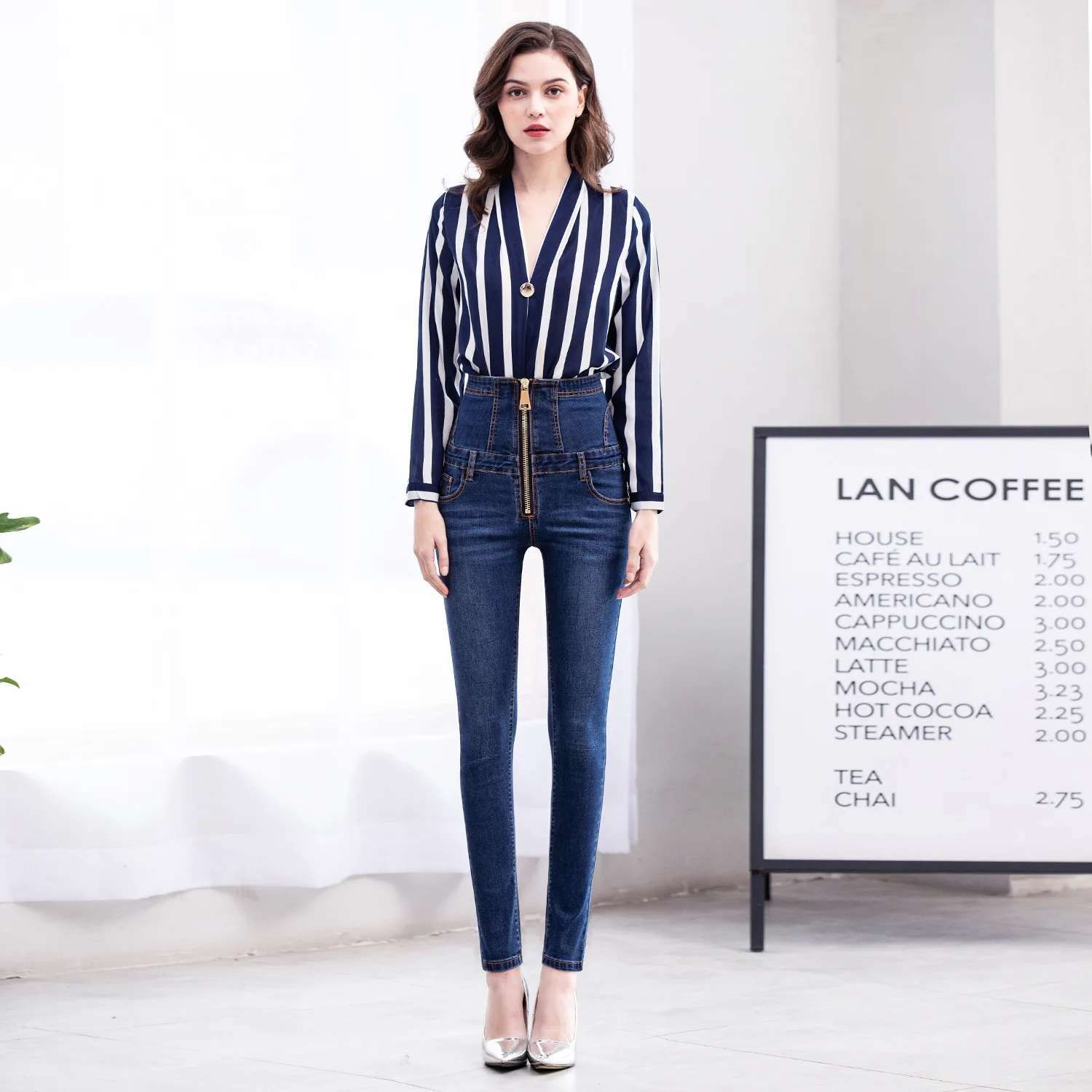 Узкие джинсы с высокой талией винтажные женские джинсовые брюки на молнии