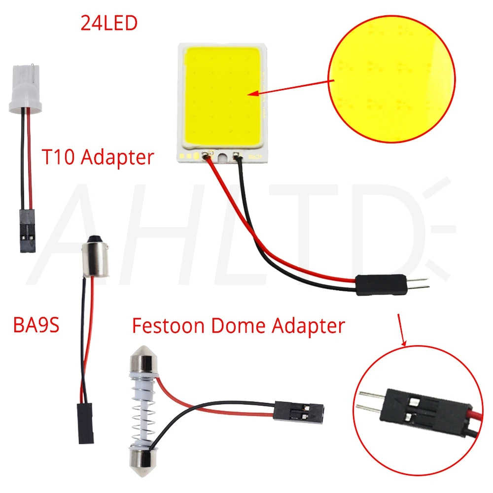1 шт. Светодиодная лампа для чтения автомобиля T10 Cob W5W C5W 16 24 36 48 led 7 цветов, потолочный светильник, купольная лампа BA9S 3 адаптер постоянного тока 12 В