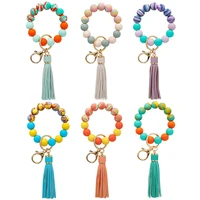 trendy silicone keychain keys tassel wood beads bracelet keyring for women accessories multicolor keychain wholesale good sale
