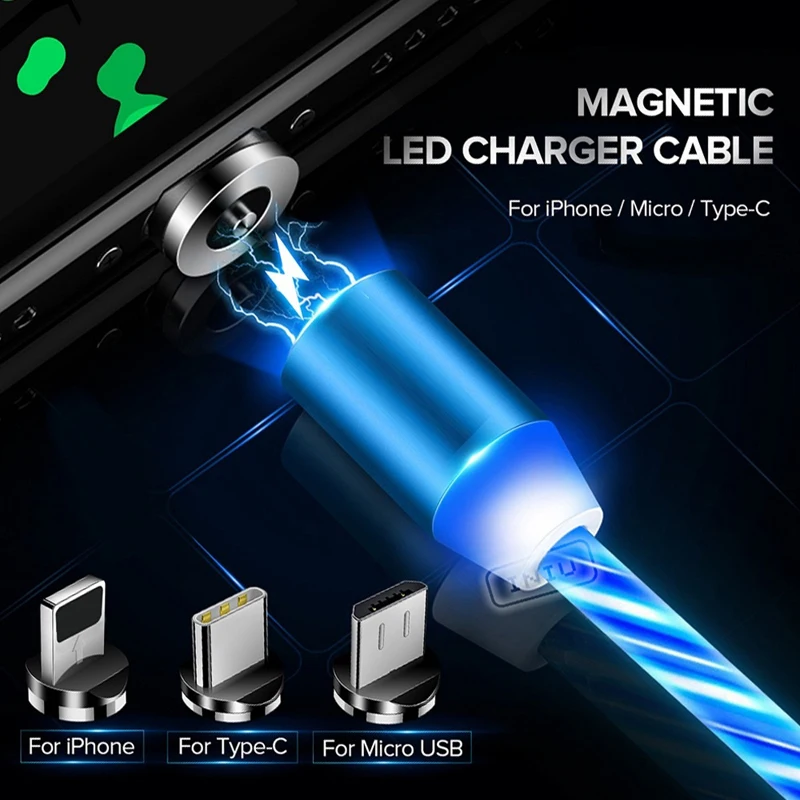 Магнитный зарядный кабель светящийся для быстрой зарядки Micro USB Тип C iPhone XS XR