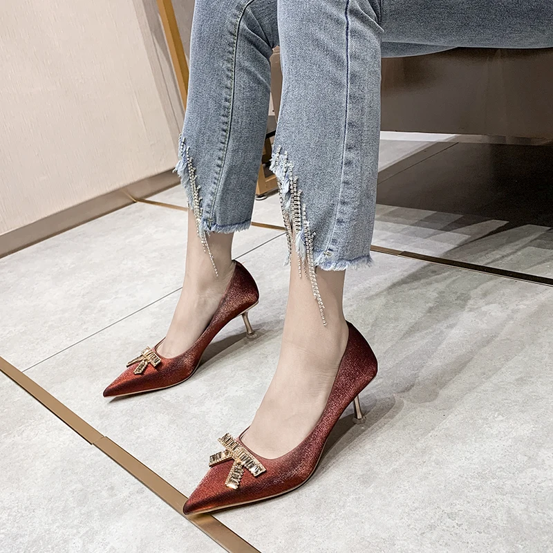 31-43 Big Size 2021 Spring New Four Seasons Pointed Thin Heel French Girls Sexy Red High Heels 31 Small Women's Shoes