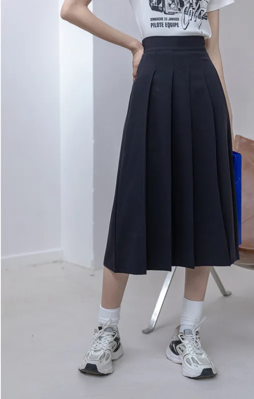 

Плиссированная юбка средней длины, Новинка осени 2021, тонкая трапециевидная юбка с высокой талией в студенческом стиле, короткая женская юбк...