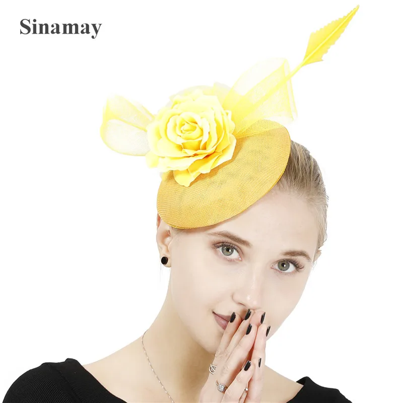 

Fashion Yellow Hair Fascinator Hats Headband Women Wedding Mesh Hair Accessories Elegant Show Headwear Nice Flower For Party