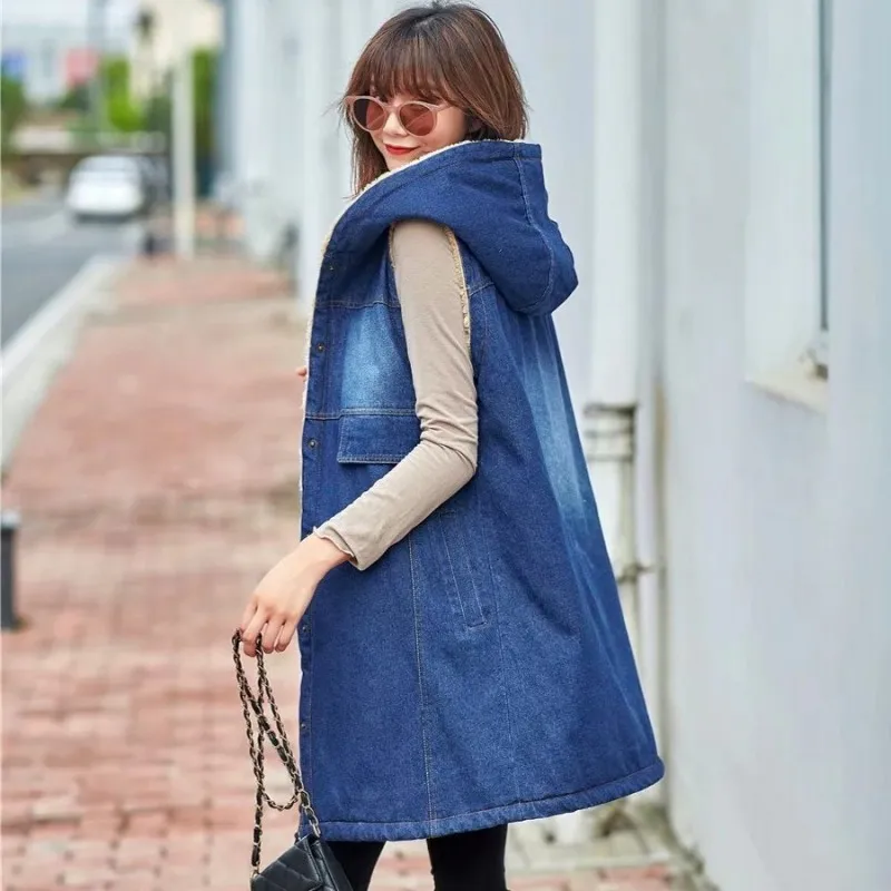 

Women Thick Fur Lining Denim Vest Long Hooded Sleeveless Jacket Ladies Casual Streetwear Jeans Outerwear Waistcoat Warm Vests