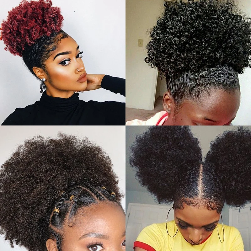 

8 inch Short Afro Puff Synthetic Hair Bun Chignon Hairpiece For Women Drawstring Ponytail Kinky Curly Updo Clip Hair Extensions