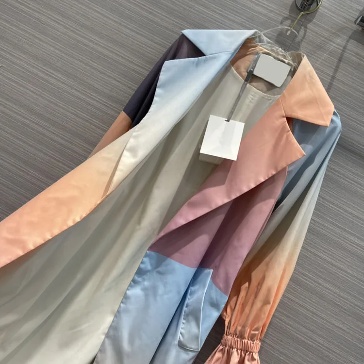 

Luxury Brand Women Trench 2021 New Tie Dye Rainbow Bubble Sleeve Lapel Belt Slim Trench High Street Long Polyester Windbreaker