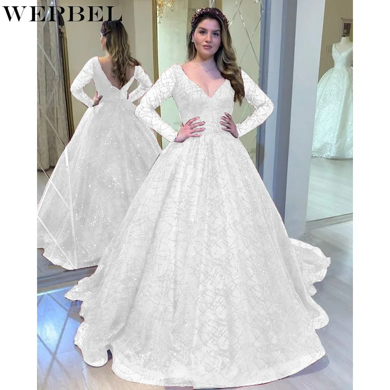 

WEPBEL Dress Autumn Elegant Solid Color Embroidered High Waist Dress Women's Casual Long Sleeve V-neck Pleated Wedding Dress