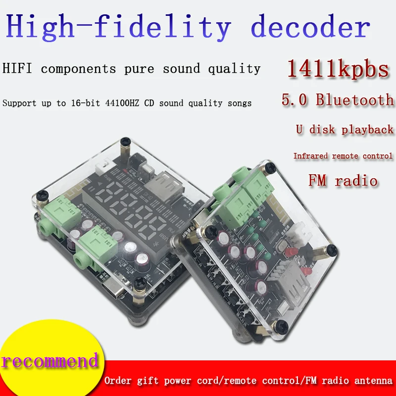 

5V Hi-Fi 44100HZ U Disk Player 1411kpbs HD Lossless 5.0 Bluetooth Audio Decoding Board FM Receiver with Display DIY Home Theater