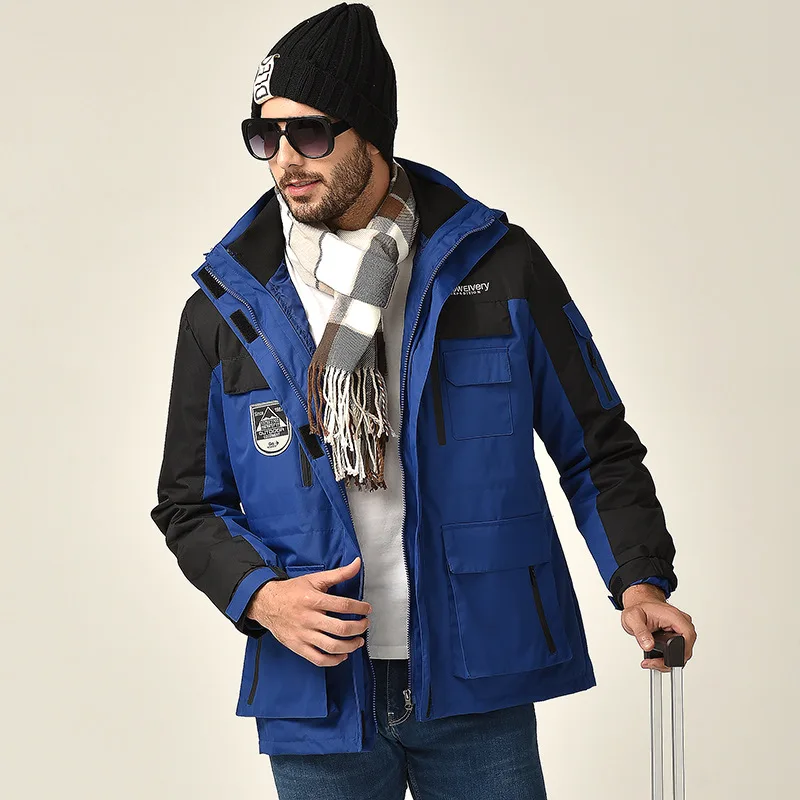 men blue Осенне-зимние мужские куртки с карманами, кардиган на молнии 3в1, ветрозащитное водонепроницаемое пальто с хлопковой подкладкой, теплая одежда - Цвет: men blue