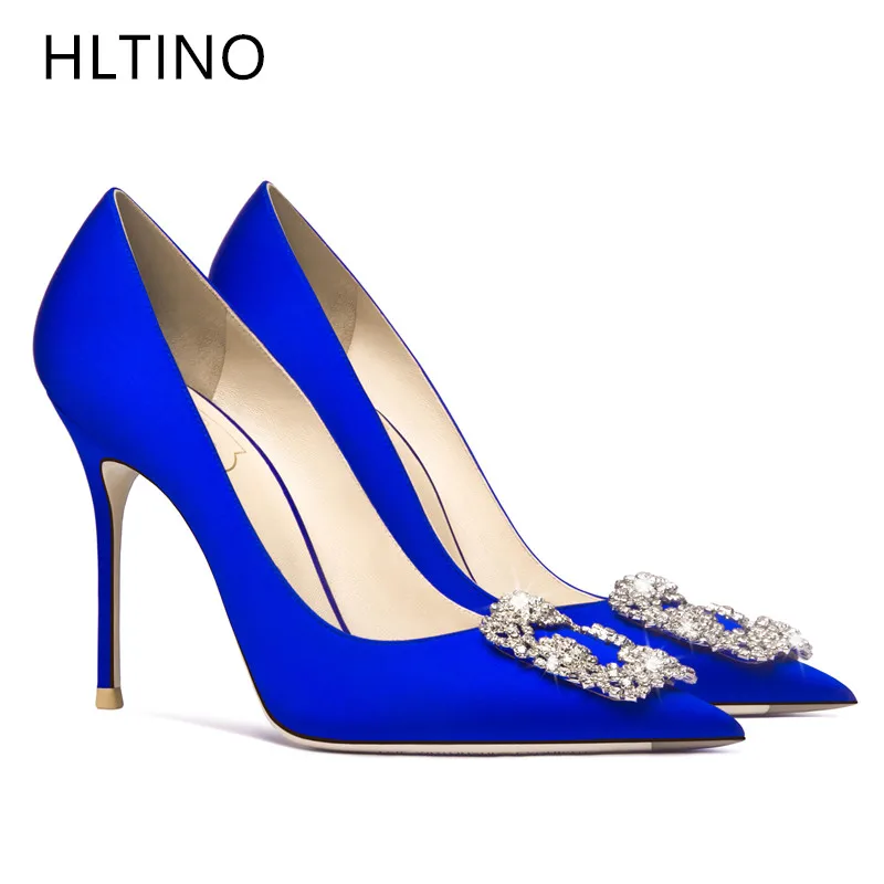 HLTINO Qauality Gift Crystal High Heeled Pump Silk Satin Women Wedding Stilettos Autumn Winter Bride Blue Shoes Evening