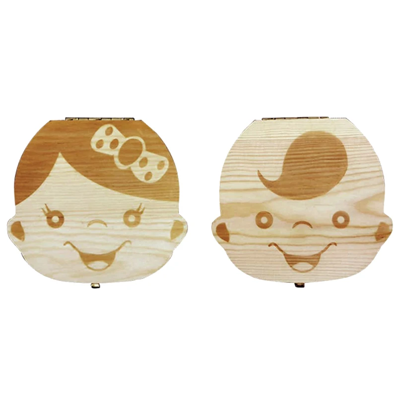 

Wooden Baby Kids Tooth Storage Box English/Spanish/French/Russian/Italian Teeth Umbilical Lanugo Organizer Gift Keepsakes Save