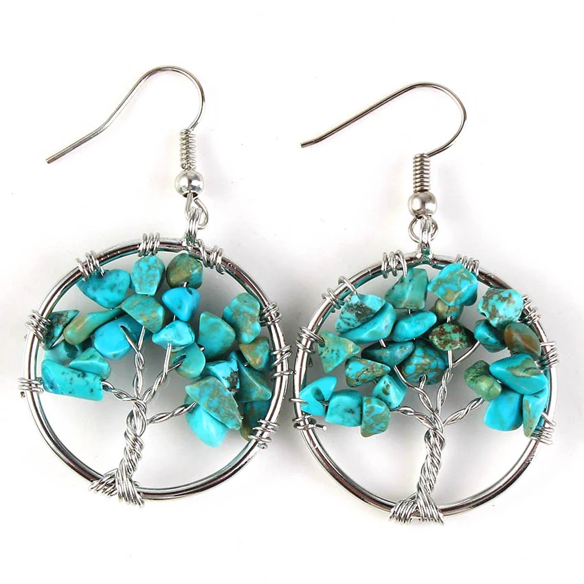 KFT покрытые серебром зеленая бирюза камень Дерево жизни провода обернутые серьги