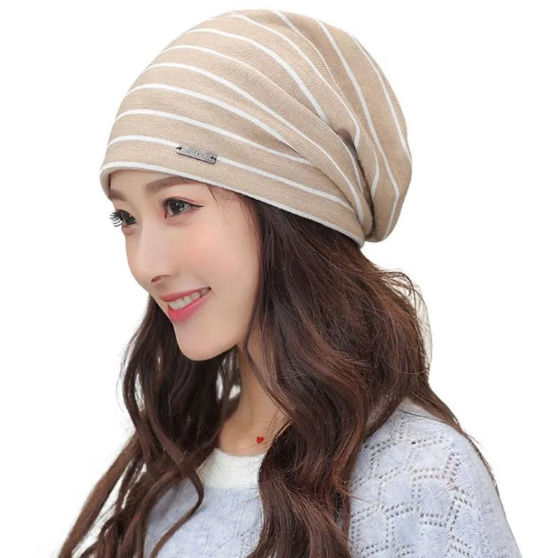 Женские вязаные шапки с капюшоном Calymel теплые хлопковые в полоску 5 цветов