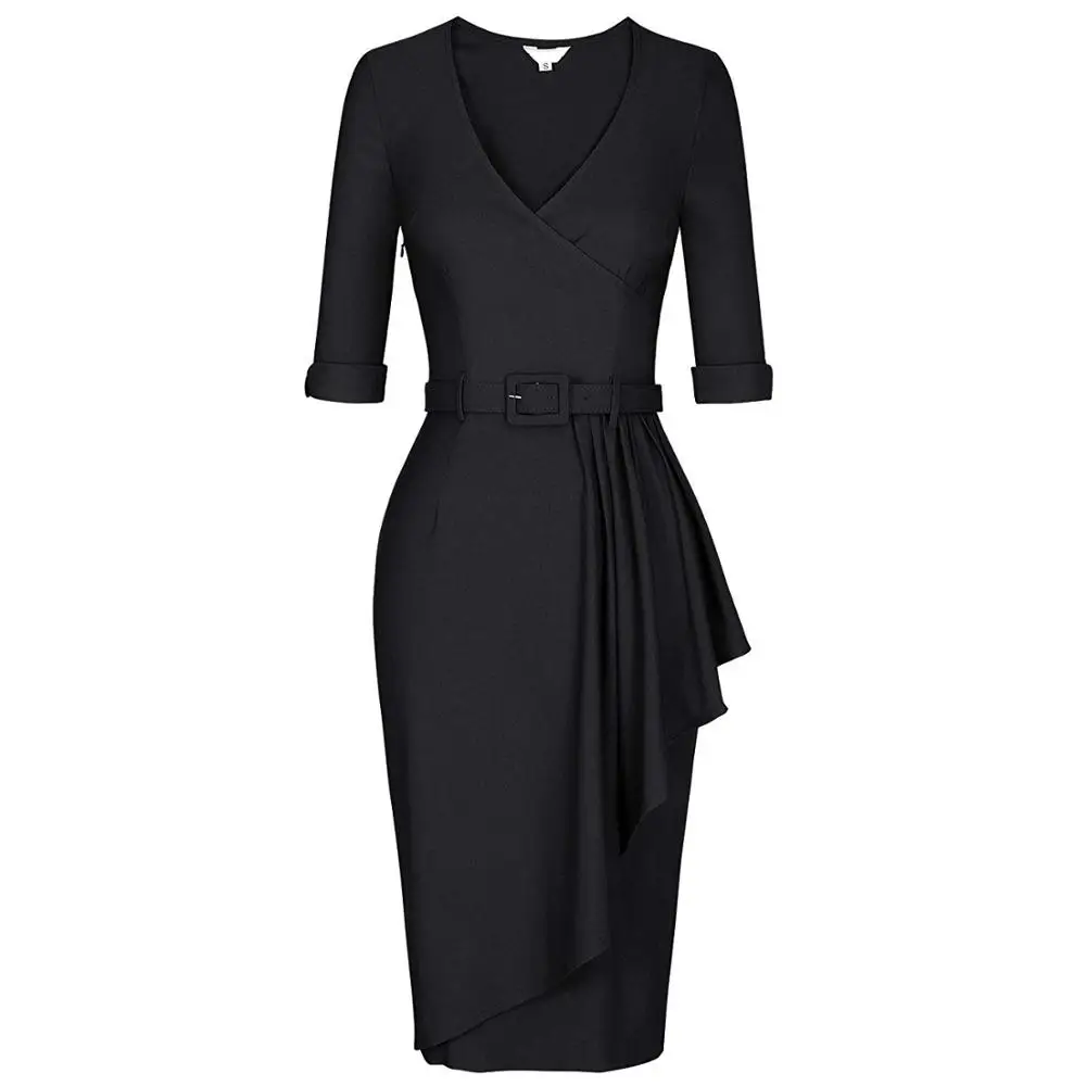 

Women's Vintage V Neck Belt Waist Ruffles Sheath Pencil Dress Ladies Retro Autumn Winter Business Casual Party Bodycon Dresses