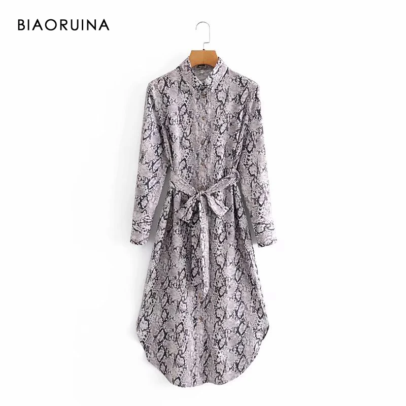 

BIAORUINA Women's Snake Skin Printing High Waist Loose Fashion Long Dress with Sashes Female Elegant Midi Dress Vestido