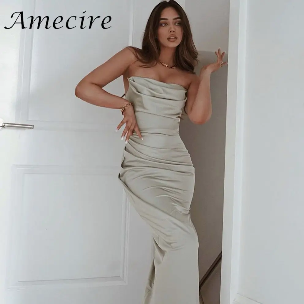 

Amecire Ruched Maxi Satin Prom Dresses Pile Collar Neck Backless Elegant Robe Women Party Sexy Fashion Club Slim Bodycon Dress