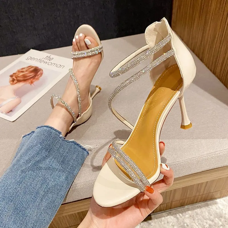 

Stiletto Heels Sandals Women Crystal Narrow Band Zipper Sandals Summer Party Dress Open Toe High Heel Sandals Women Mujer