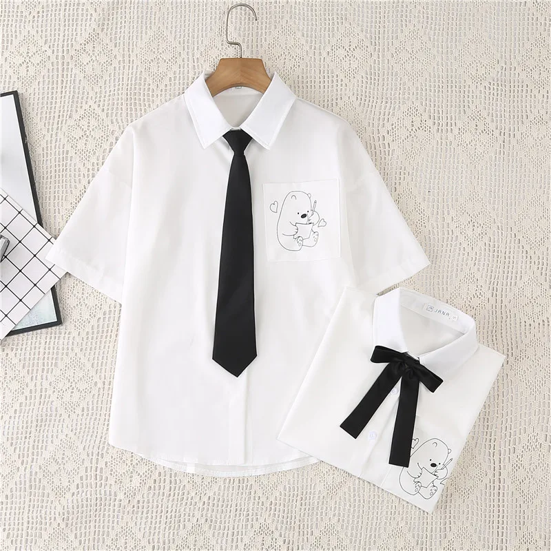 Camicetta da donna nuova camicia estiva manica corta Top bianco con fiocco cravatta giapponese stile coreano JK camicie femminili Blusas con stampa orso piccolo