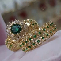 2pcs set womens fashion luxury jewelry gold plated green zircon ring bridal engagement ring set size us 5 11 bague femme