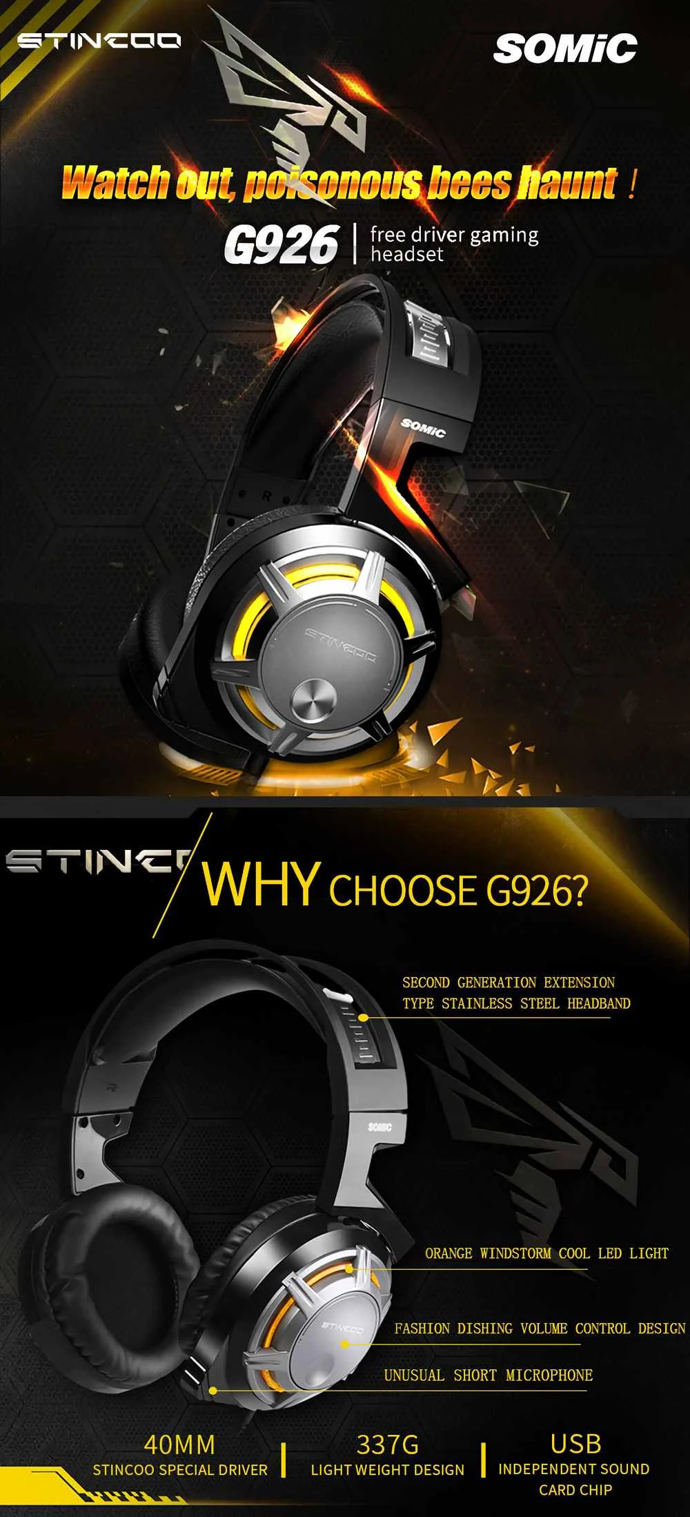 SOMIC G926 USB игровая гарнитура светодиодный свет 7,1 объемный звук Игровые наушники с микрофоном для ПК/PS4 игры