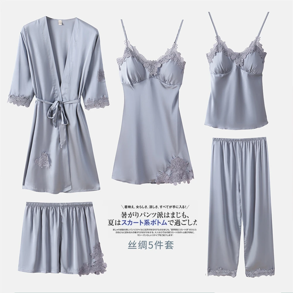 

Women Pajamas Set Lady Sexy Solid Color Satin Lace Edge Sleepwear Vest Shorts Nightdress Robe Pants with Chest Pad 5PCS Blue 3XL
