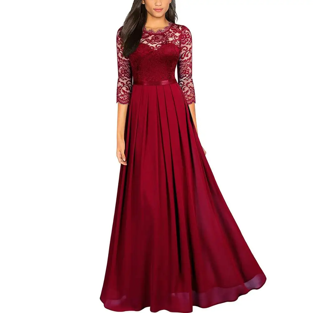 

Women's Elegant Vintage Floral Lace Hollow out Chiffon Long Evening Party Dress Formal Maxi Dresses