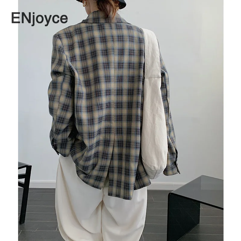 Осенне зимняя винтажная серая клетчатая свободная верхняя одежда женский костюм