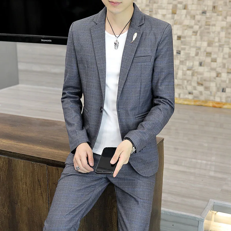 

2022 Men's Fashion Plaid Suit Autumn New Youth Slim Handsome Suit Two Pieces