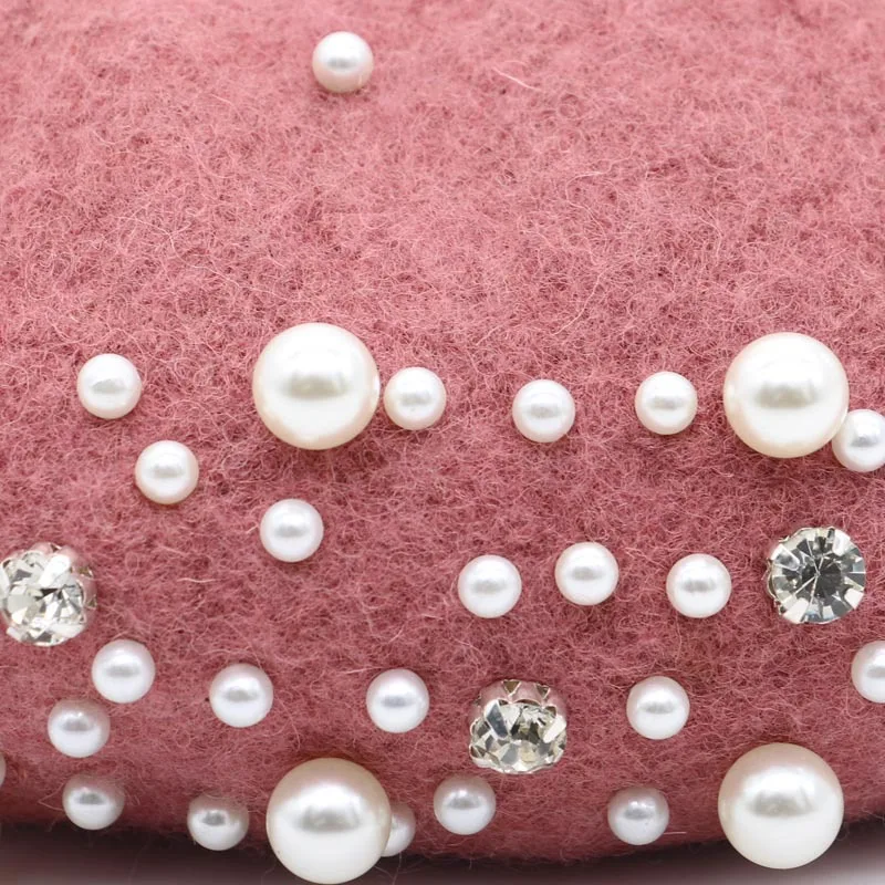 Женский Зимний берет теплая шерстяная шапка во французском стиле с жемчугом и